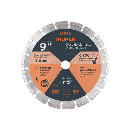 Disco de diamante de 9" x 2.7 mm, rin segmentado, TRUPER