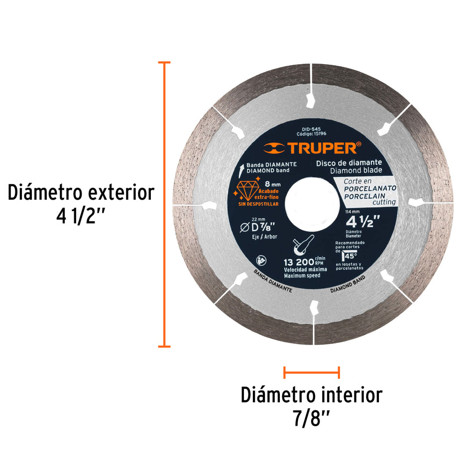 Disco de diamante de 4-1/2" x 1.3 mm corte de porcelanato loseta No despostilla