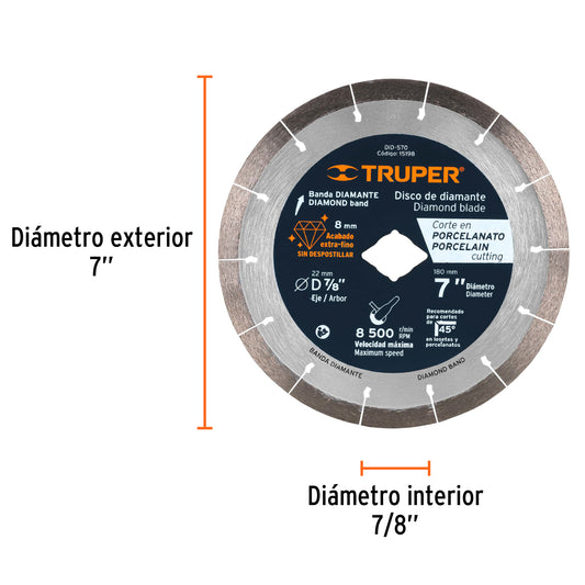 Disco de diamante de 7" x 1.6 mm, corte de porcelanato