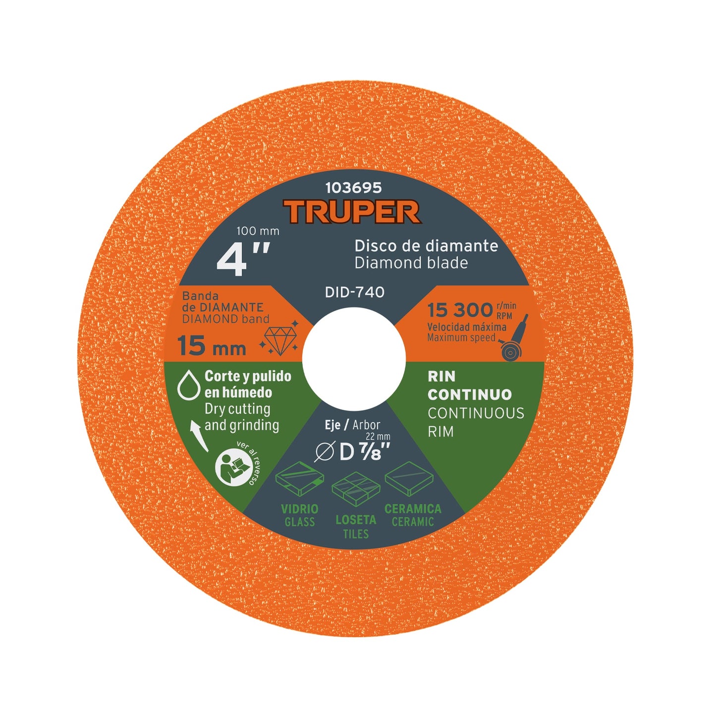 Disco de diamante 4", corte de vidrio, TRUPER