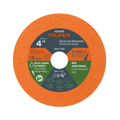 Disco de diamante 4", corte de vidrio, TRUPER