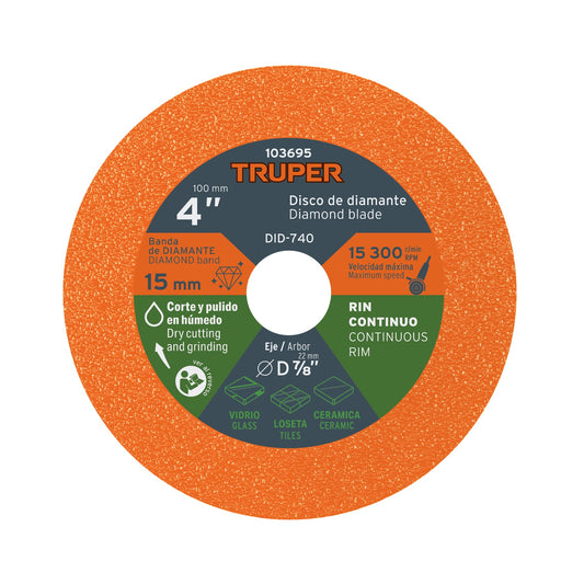 Disco de diamante 4", corte de vidrio, TRUPER