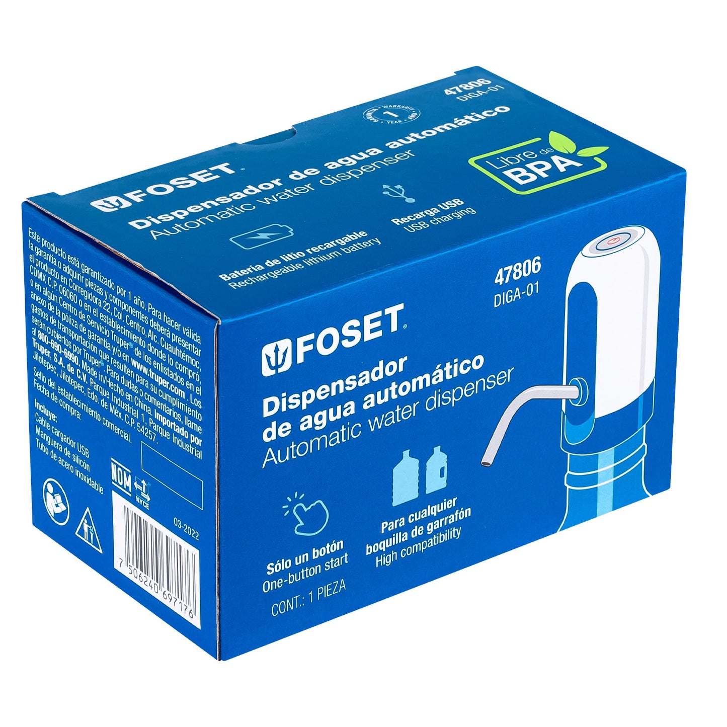 Dispensador Eléctrico de Agua FOSET para Garrafón - Elimina el Esfuerzo de Cargar Agua Pesada - Bomba Automática 114L con Apagado Inteligente - Libre de BPA - DIGA-01