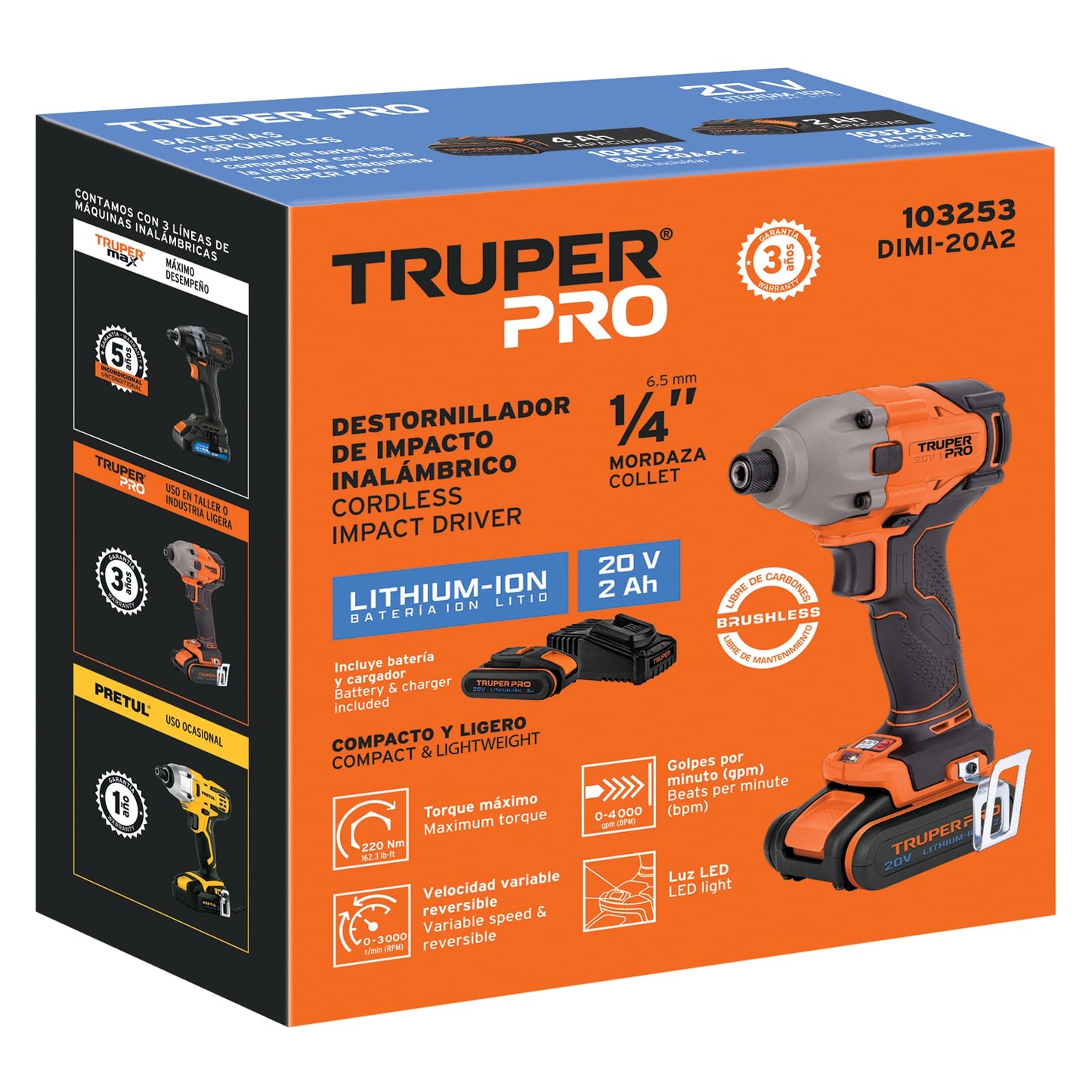 Destornillador de Impacto Inalámbrico 20V Truper PRO DIMI-20A2 - Motor Brushless con Batería 2Ah