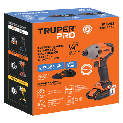 Destornillador de Impacto Inalámbrico 20V Truper PRO DIMI-20A2 - Motor Brushless con Batería 2Ah