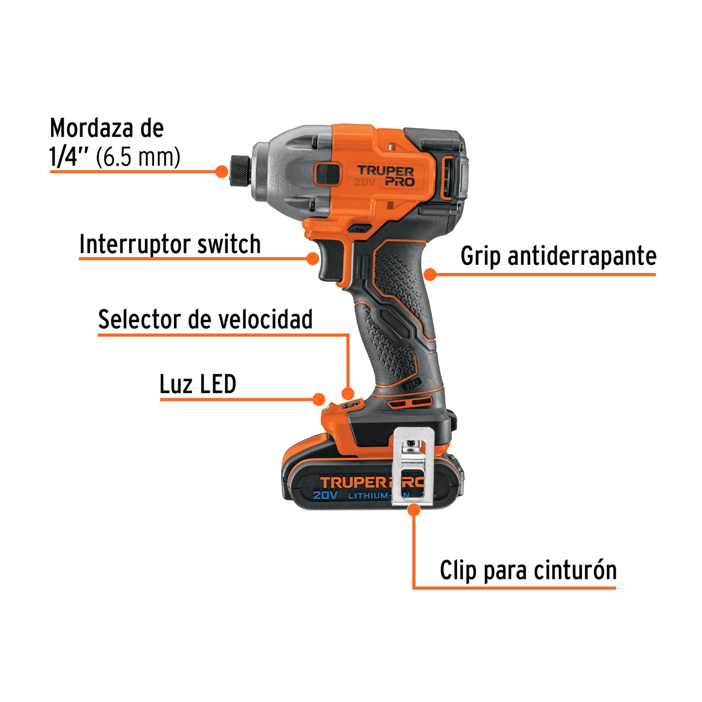 Destornillador de Impacto Inalámbrico 20V Truper PRO DIMI-20A2 - Motor Brushless con Batería 2Ah