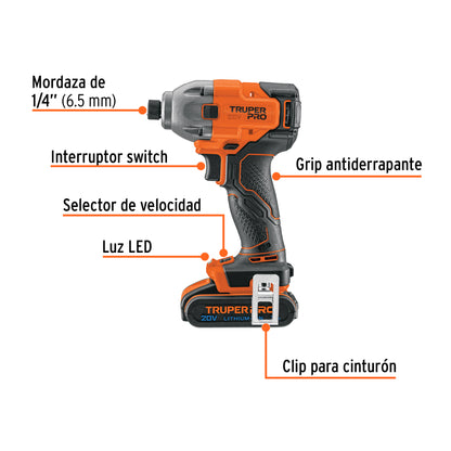 Destornillador de Impacto Inalámbrico 20V Truper PRO DIMI-20A2 - Motor Brushless con Batería 2Ah