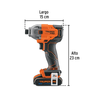 Destornillador de Impacto Inalámbrico 20V Truper PRO DIMI-20A2 - Motor Brushless con Batería 2Ah