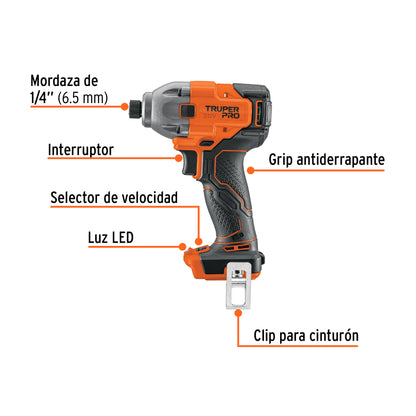 Destornillador de impacto 1/4", 20V, sin accesorios, PRO