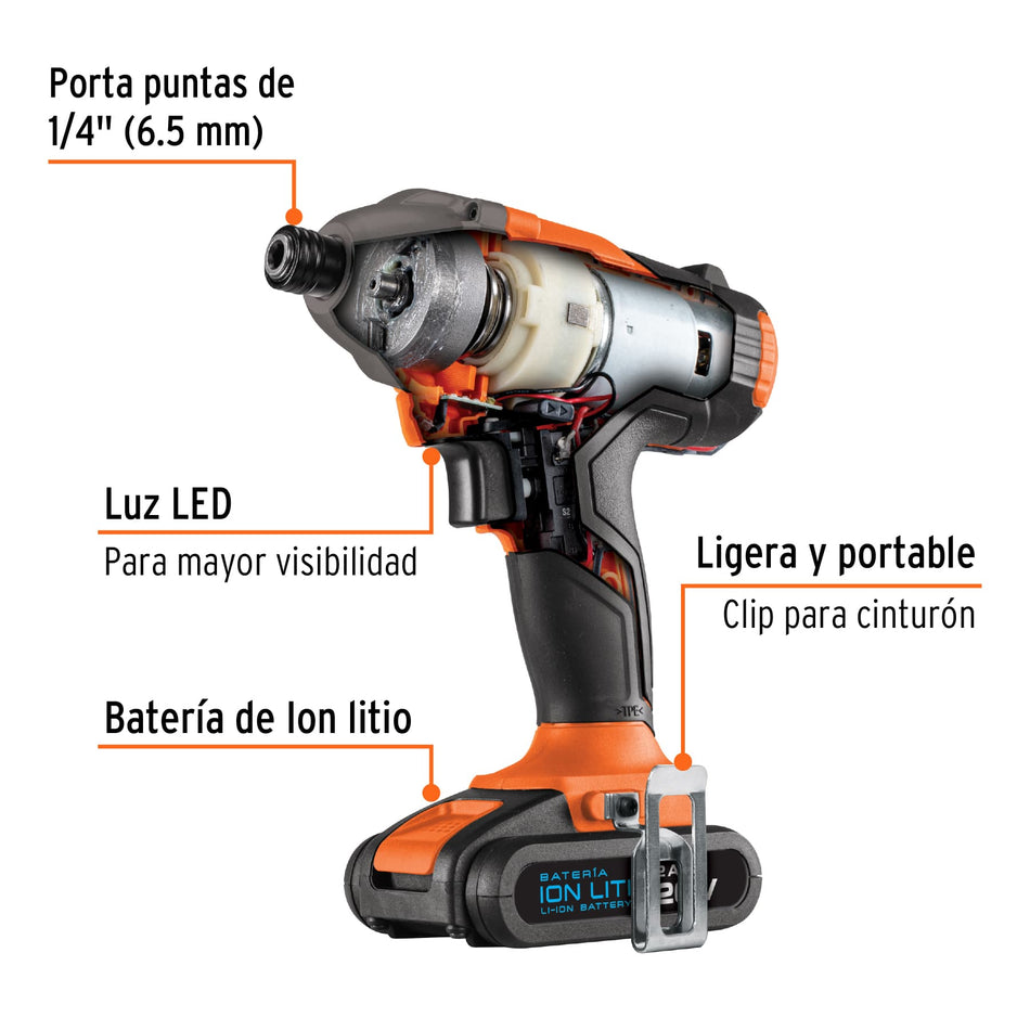 Destornillador de impacto inalámbrico 1/4", 20 V, Truper, Mecanica.