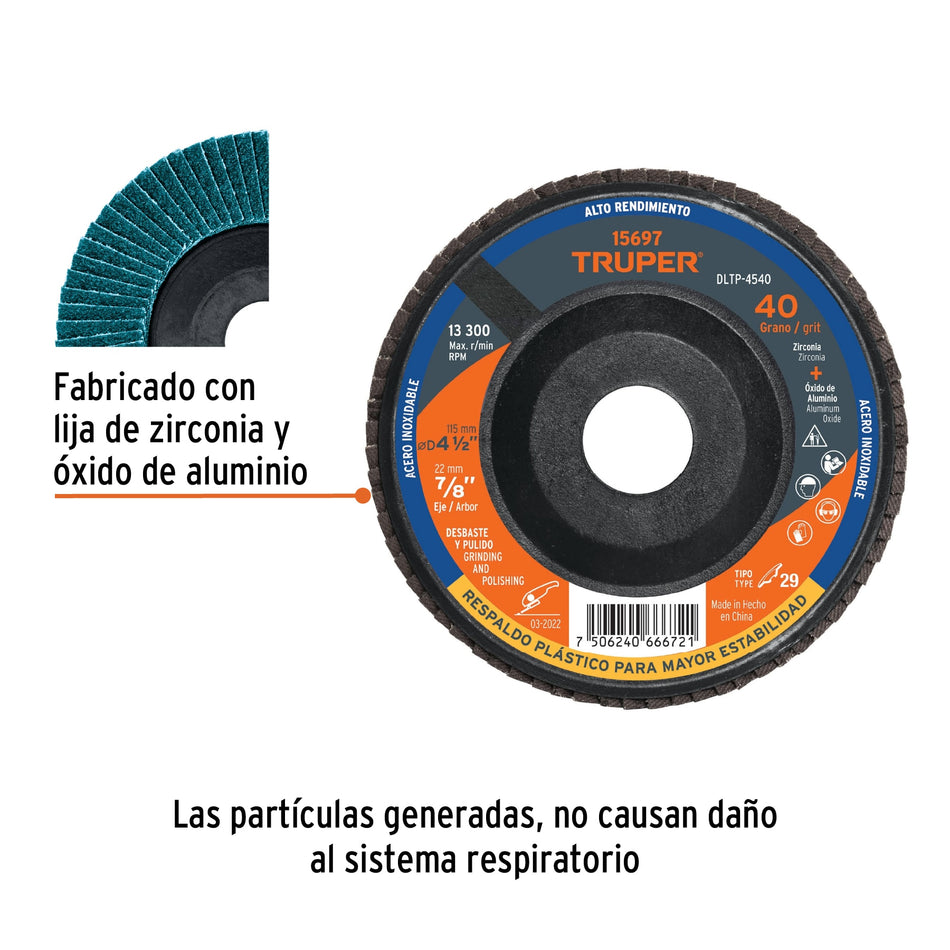 Discos laminados, alto rendimiento, respaldo plástico, para Esmeriladora de  4 1/2"