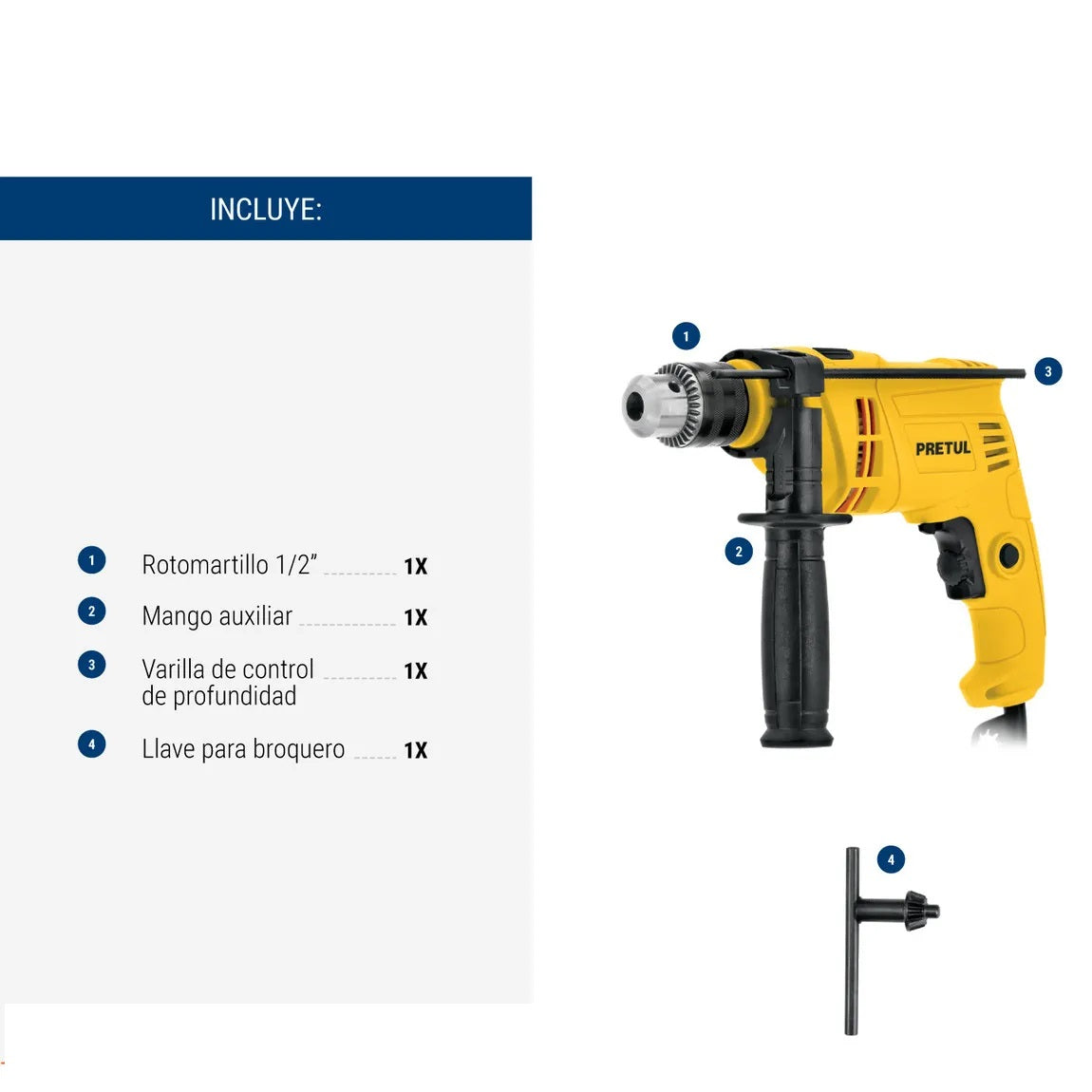 Rotomartillo PRETUL 1/2 Pulgada 550W - Taladro Percutor Profesional para Concreto Madera Meta