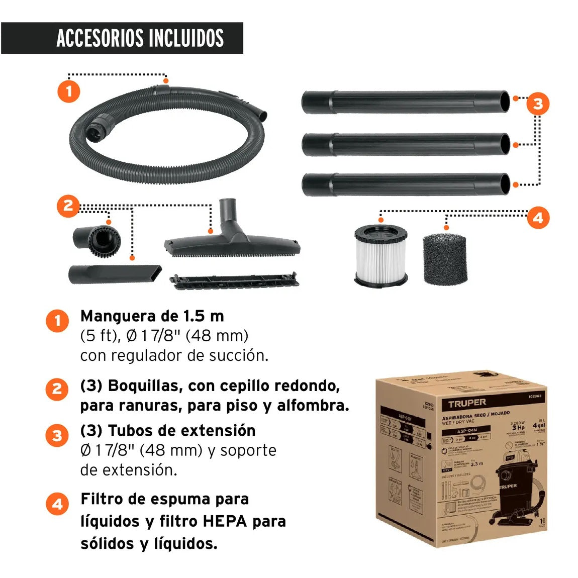 Aspiradora Industrial TRUPER 4 Galones Húmedo-Seco - Sólidos y Líquidos