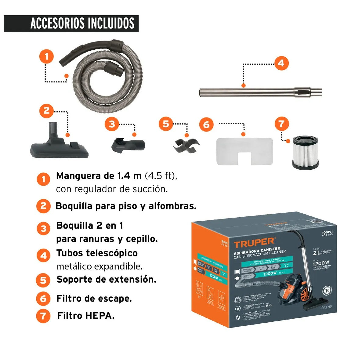 Aspiradora Canister TRUPER ASD-180 1200W Tecnología Ciclónica Filtro HEPA - Elimina Polvo y Microorganismos Nocivos para Hogar y Oficina