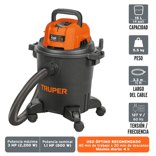 Aspiradora Industrial TRUPER 4 Galones Húmedo-Seco - Sólidos y Líquidos