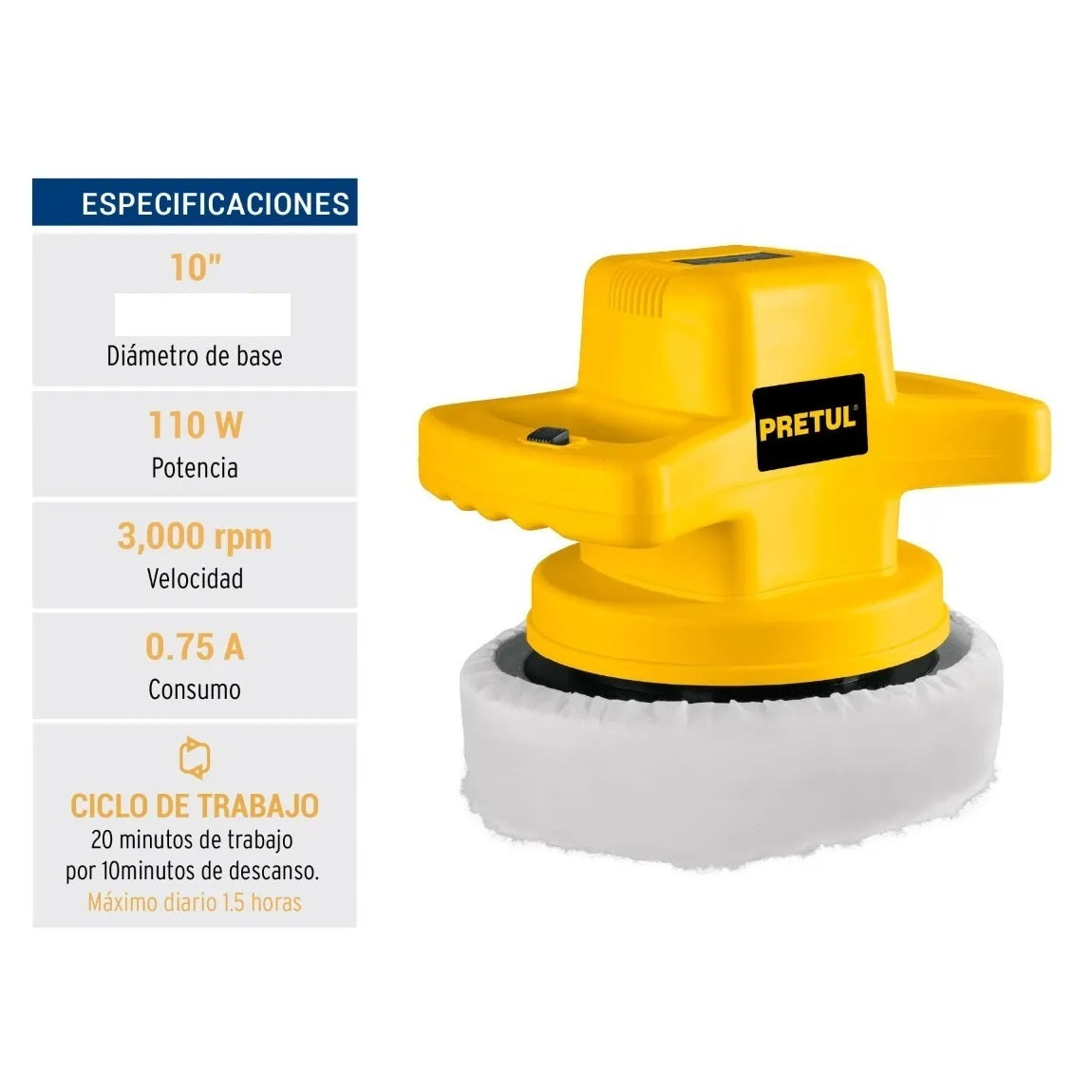 Pulidora Roto-Orbital PRETUL 10 Pulgadas 110W - Elimina Rayones y Remolinos en Pintura Automotriz, Metal y Fibra de Vidrio - Movimiento Orbital 3000 RPM - PULA-P