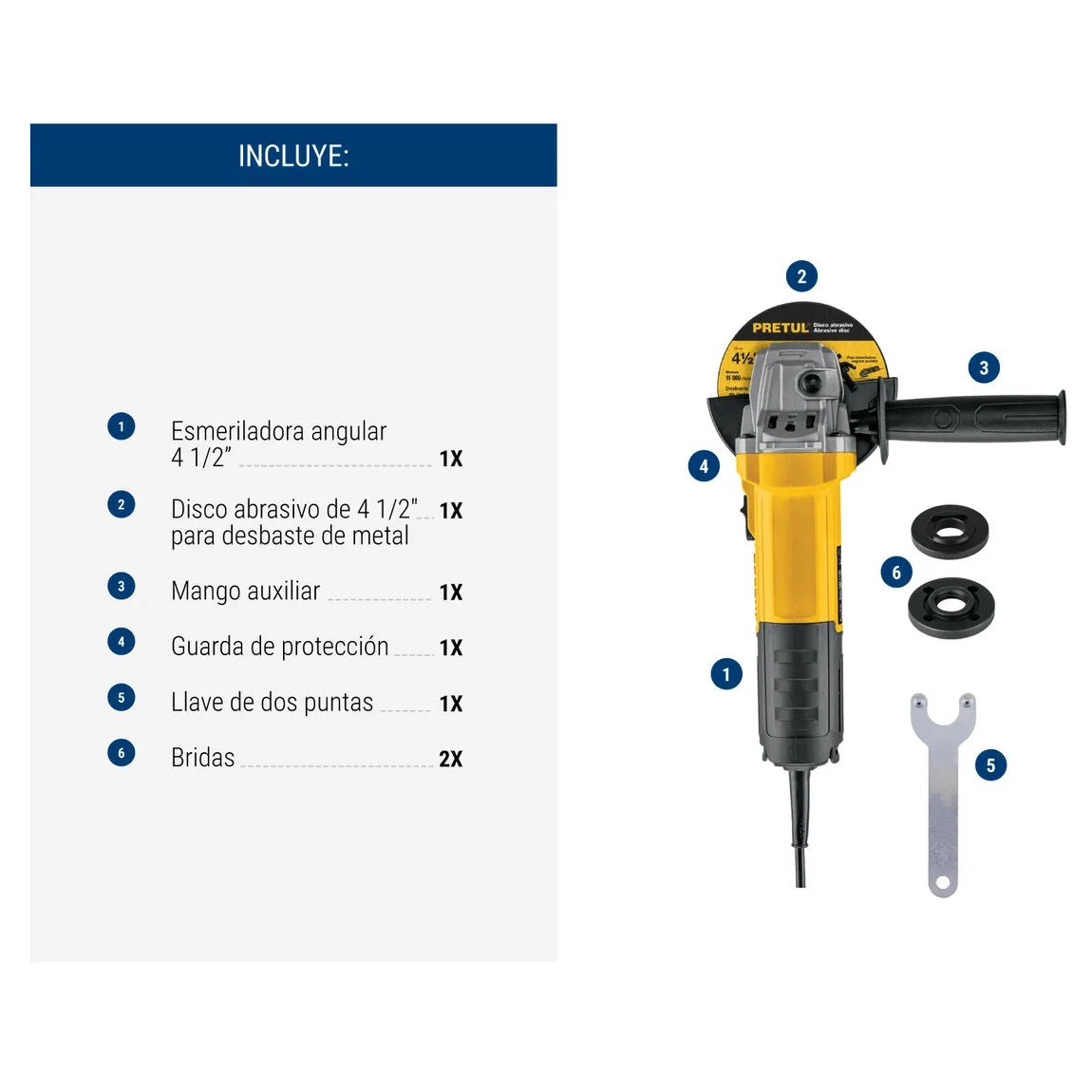 Esmeriladora Angular PRETUL 4-1/2 Pulgadas 550W ESMA-4-1/2P5 - Motor Eficiente Mango Ajustable Uso Continuo