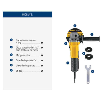 Esmeriladora Angular PRETUL 4-1/2 Pulgadas 550W ESMA-4-1/2P5 - Motor Eficiente Mango Ajustable Uso Continuo
