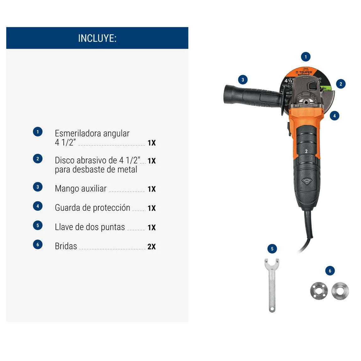 Esmeriladora Angular 4-1/2" 750W TRUPER ERGO PRO ERGO-4570 - Motor Balero Bolas Mango Ajustable