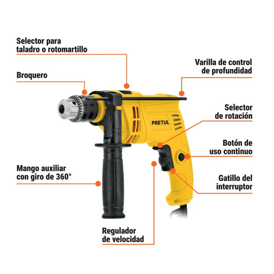 Rotomartillo PRETUL 1/2 Pulgada 550W - Taladro Percutor Profesional para Concreto Madera Meta