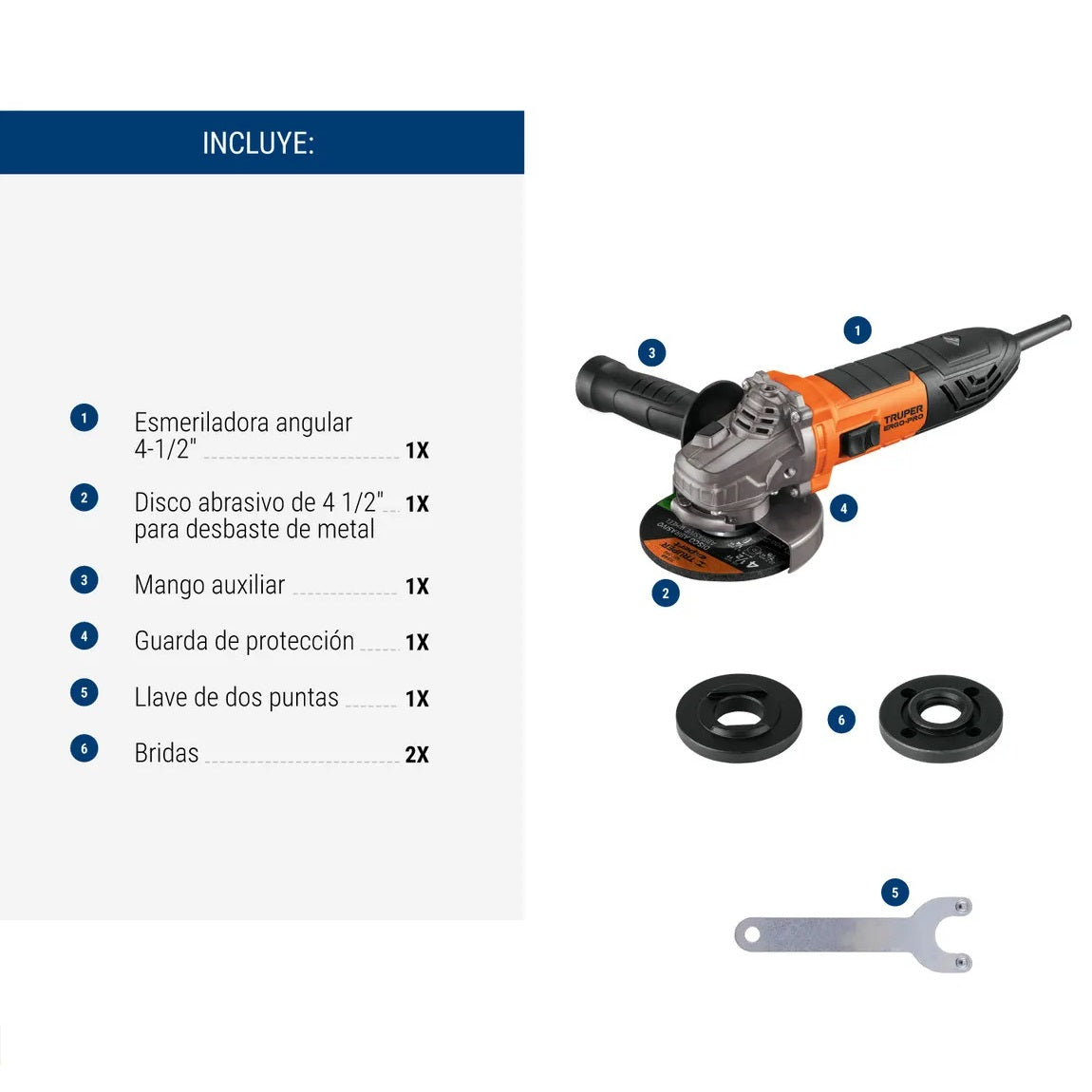 Esmeriladora Angular 4-1/2" 950W TRUPER ERGO PRO ERGO-4590 - Motor Balero Bolas Mango Ajustable