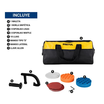 Pulidora Rotativa PRETUL 7 Pulgadas 1200W Profesional - Elimina Rayones y Restaura Brillo en Autos, Metales y Plásticos - Motor Potente con Velocidad Variable - PULA-7P