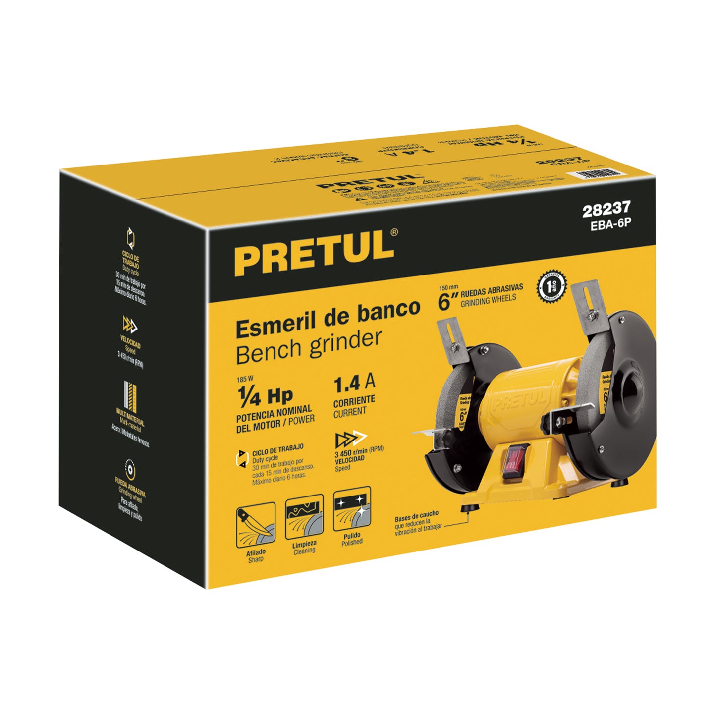 Esmeril de Banco 6 Pulgadas 1/4 HP Pretul EBA-6P - Motor Inducción Profesional para Afilado y Desbaste de Herramientas