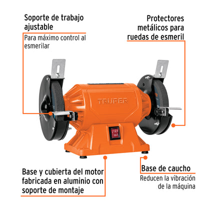 Esmeril de Banco 6 Pulgadas Truper EBA-6 - Motor 1/2 HP 370W - Reduce Vibración - Ideal para Afilado y Desbaste Profesional