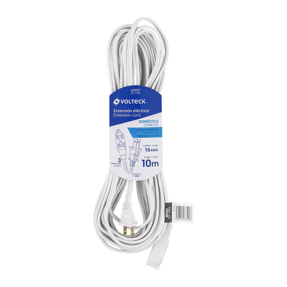 Extensión Eléctrica 10m ED-10BR - Cable Polarizado 3 Contactos con Clavija Recta para Interiores - Solución Segura Anti-Flama PVC
