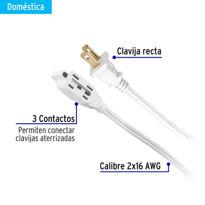 Extensión Eléctrica 10m ED-10BR - Cable Polarizado 3 Contactos con Clavija Recta para Interiores - Solución Segura Anti-Flama PVC