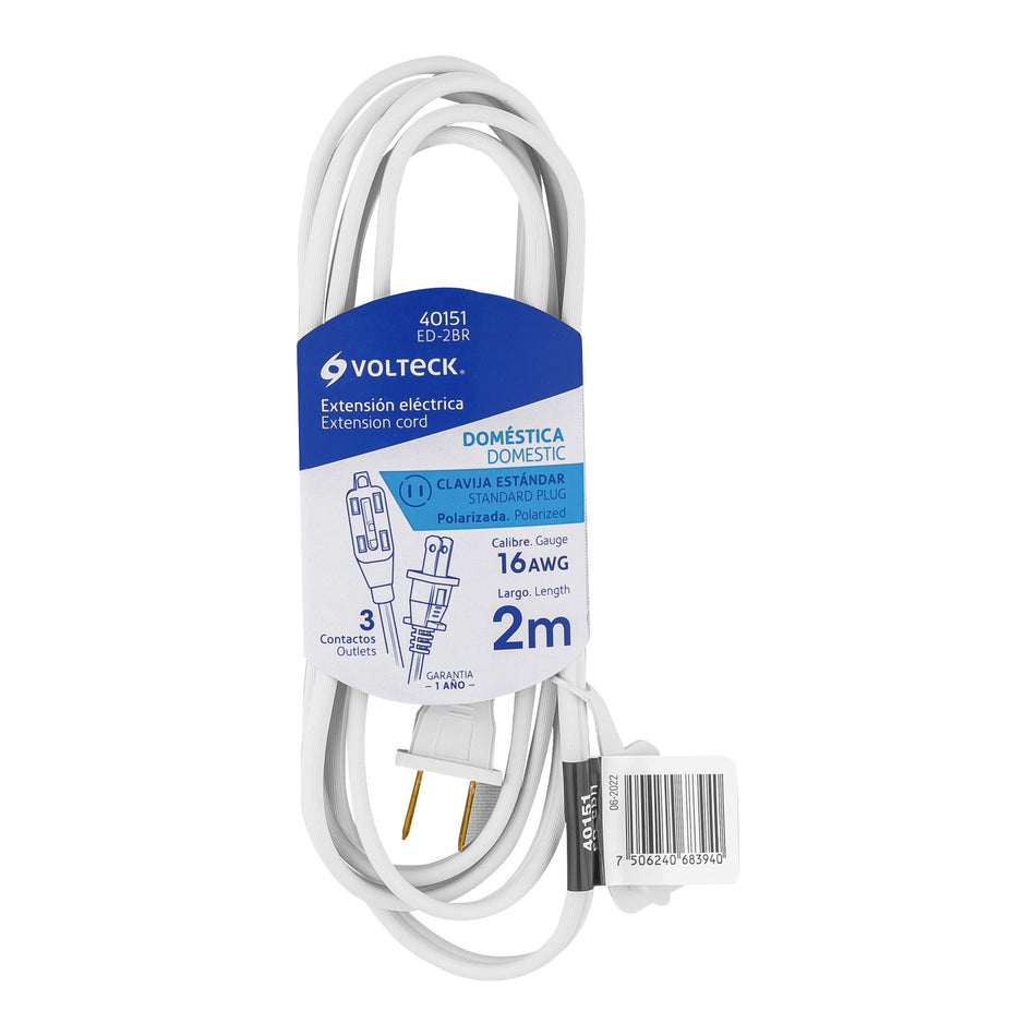 Extensión Eléctrica 2m Polarizada 3 Contactos ED-2BR - Cable PVC Resistente Flama para Interiores