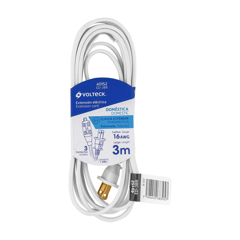 Extensión Eléctrica 3m ED-3BR Volteck - Cable Polarizado Resistente Flama PVC Blanco para Interiores con 3 Contactos Aterrizados