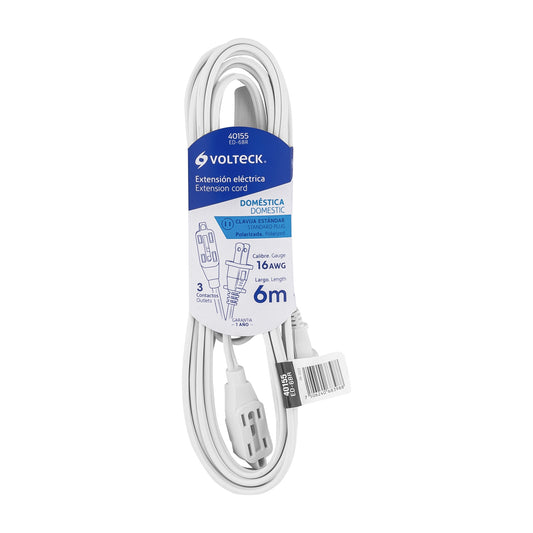 Extensión Eléctrica 6 Metros ED-6BR VOLTECK® - Cable Doméstico PVC Resistente Flama con 3 Contactos Polarizados y Clavija Recta Blanca para Interiores - Solución Profesional para Alcance Eléctrico Limitado