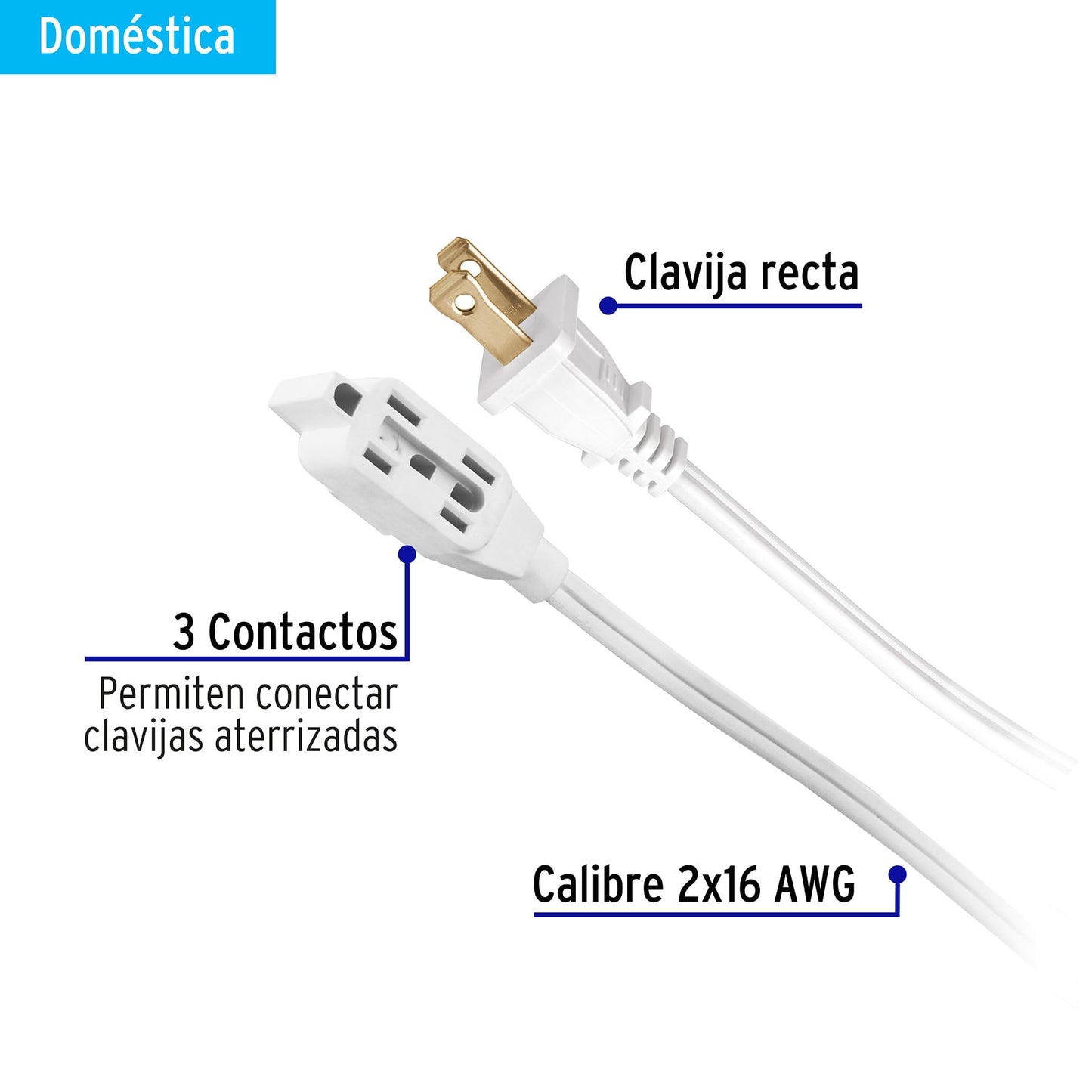 Extensión Eléctrica 6 Metros ED-6BR VOLTECK® - Cable Doméstico PVC Resistente Flama con 3 Contactos Polarizados y Clavija Recta Blanca para Interiores - Solución Profesional para Alcance Eléctrico Limitado