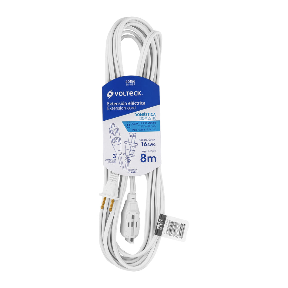 Extensión Eléctrica 8 Metros ED-8BR - Cable Polarizado PVC Resistente Flama para Interiores - Solución Segura Conexión Múltiple