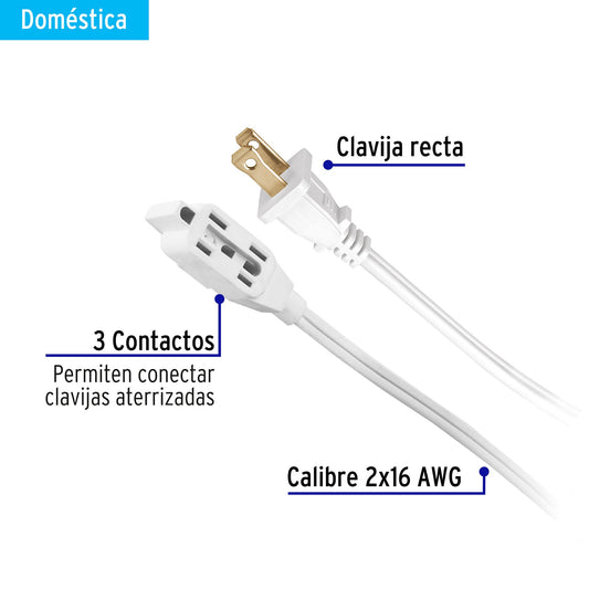 Extensión Eléctrica 8 Metros ED-8BR - Cable Polarizado PVC Resistente Flama para Interiores - Solución Segura Conexión Múltiple