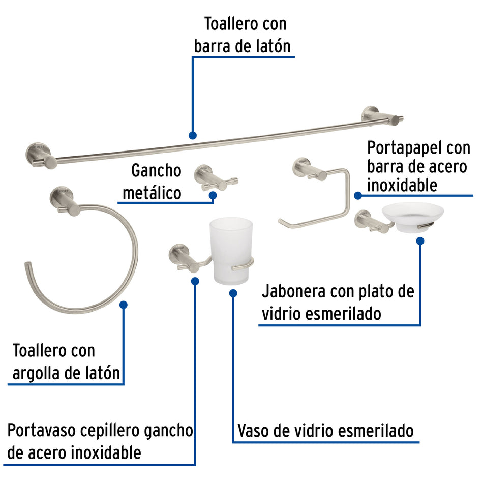 Juego de 6 accesorios para baño acabado satín, Foset, Jabonera, Portapapel, Toallero