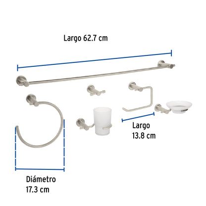 Juego Completo 6 Accesorios Baño FOSET ELEMENT ELA-7000N - Set Profesional Latón Satín con Portarrollos, Toallero, Jabonera y Vaso - Solución Integral Organización Baño Moderno