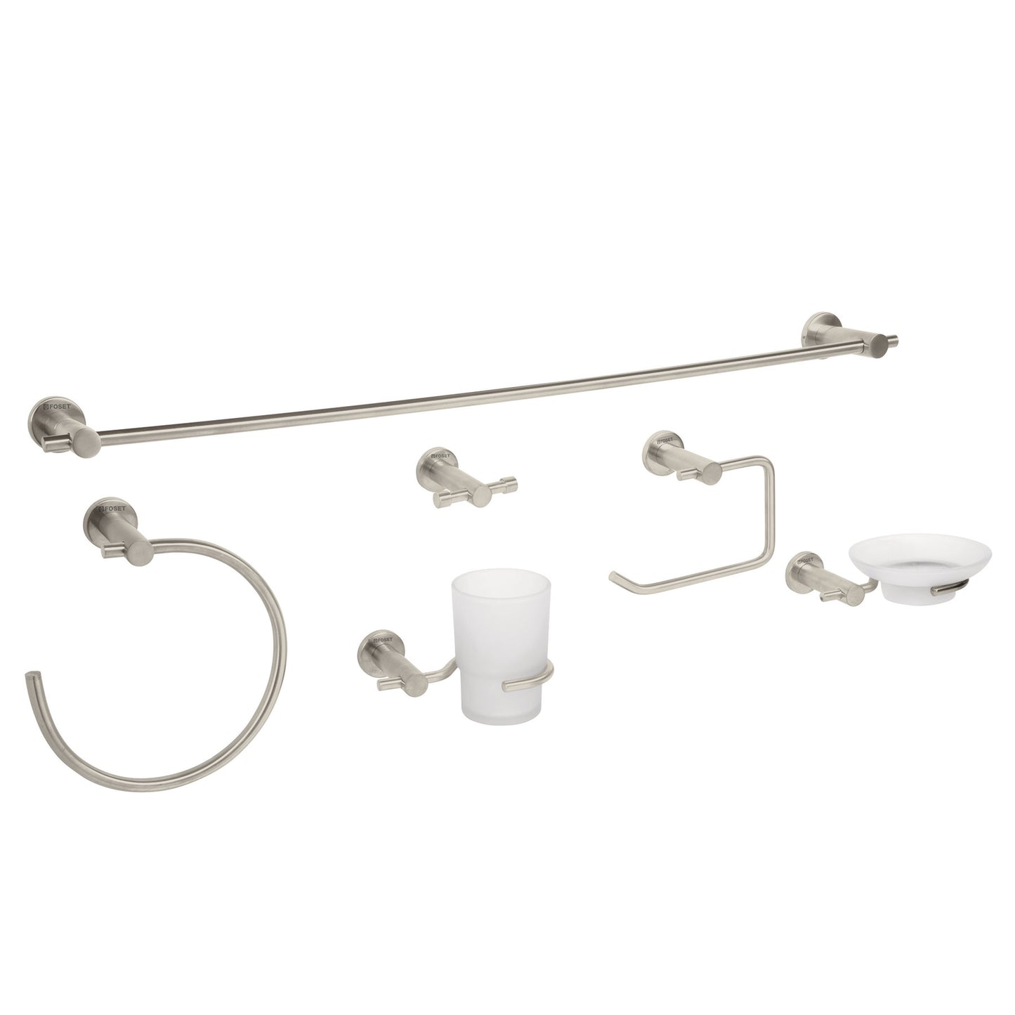 Juego Completo 6 Accesorios Baño FOSET ELEMENT ELA-7000N - Set Profesional Latón Satín con Portarrollos, Toallero, Jabonera y Vaso - Solución Integral Organización Baño Moderno