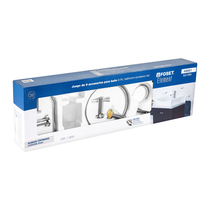 Juego 6 Accesorios Baño Cromo FOSET ELEMENT ELA-7000 - Organización Completa Baño Moderno
