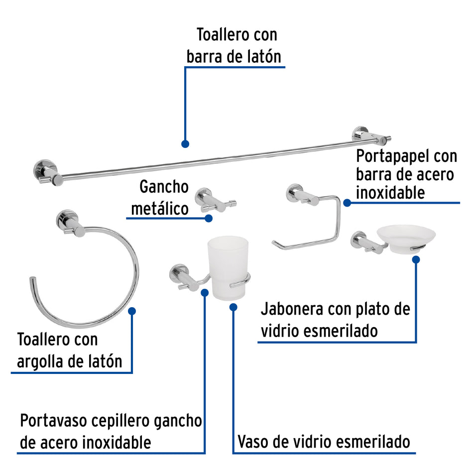 Juego de 6 accesorios para baño acabado cromo, Foset, Jabonera, Toallero, Portapapel