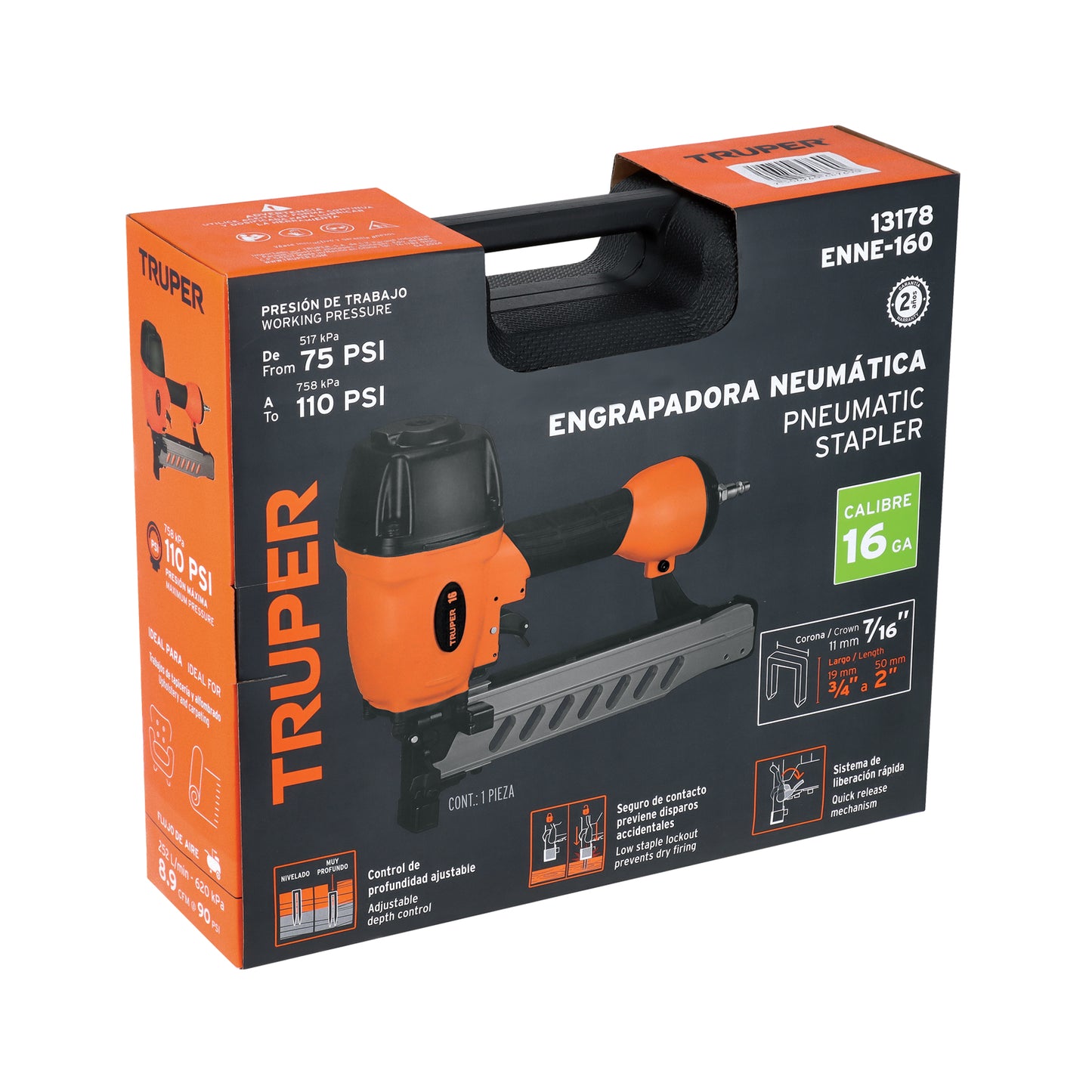 Engrapadora Neumática TRUPER Calibre 16 Profesional - Grapas 3/4 a 2 Pulgadas - Sistema Cambio Rápido - Solución Eficiente para Tapicería y Carpintería