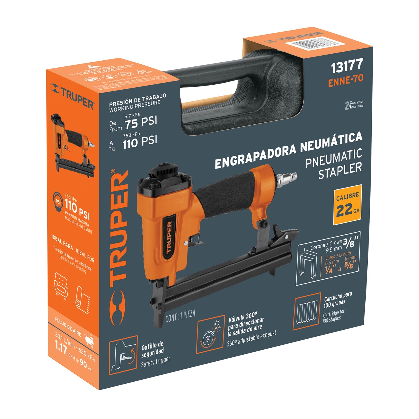 Engrapadora Neumática TRUPER ENNE-70 Calibre 22 - Grapas 1/4 a 5/8 Pulgadas - Herramienta Profesional para Tapicería, Carpintería y Construcción - 75-110 PSI