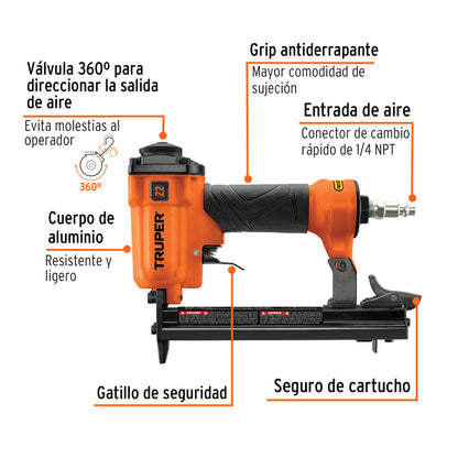 Engrapadora Neumática TRUPER ENNE-70 Calibre 22 - Grapas 1/4 a 5/8 Pulgadas - Herramienta Profesional para Tapicería, Carpintería y Construcción - 75-110 PSI