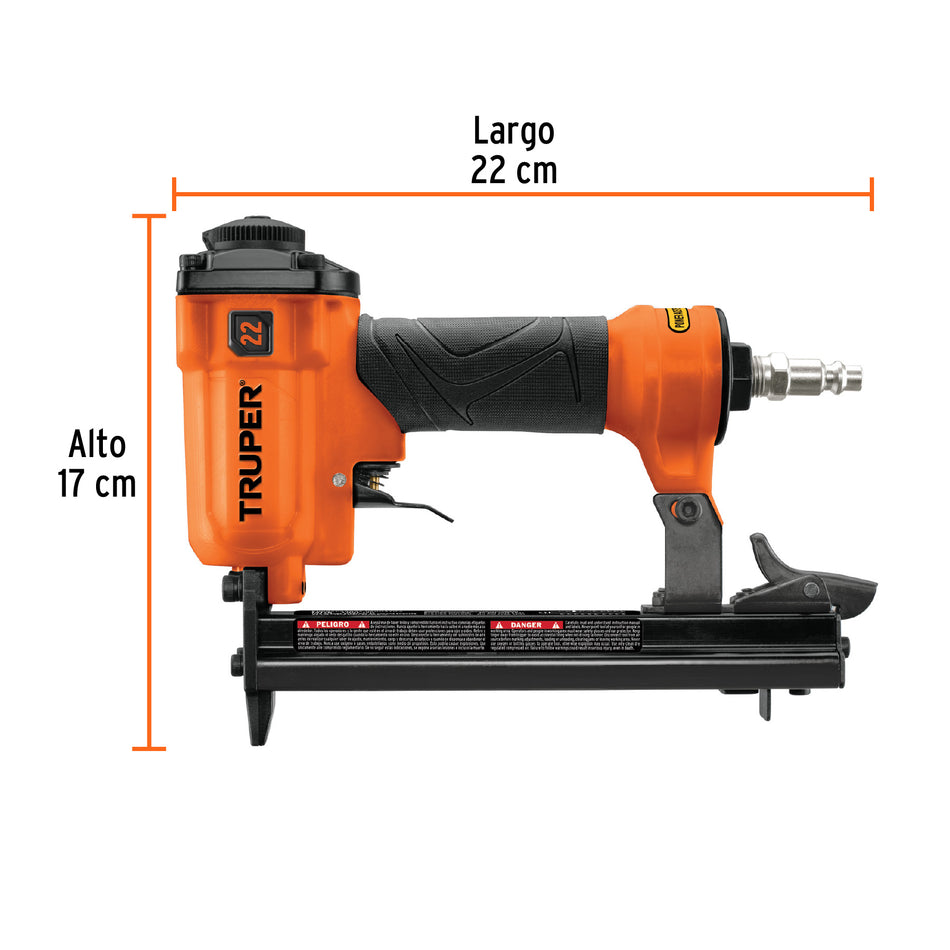 Engrapadora Neumática TRUPER ENNE-70 Calibre 22 - Grapas 1/4 a 5/8 Pulgadas - Herramienta Profesional para Tapicería, Carpintería y Construcción - 75-110 PSI