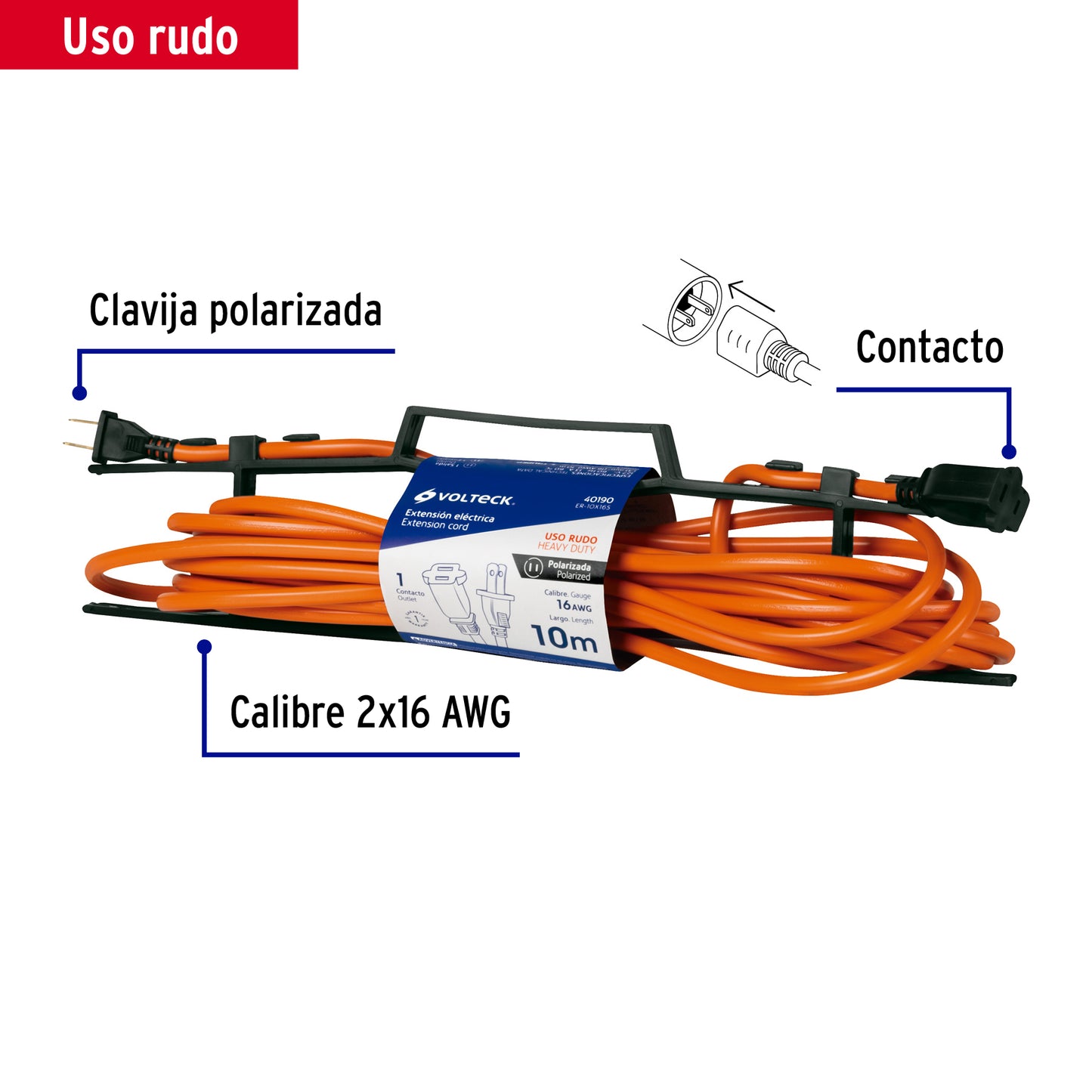 Extensión Eléctrica Uso Rudo 10m 2x16 AWG - Cable Resistente PVC Anti-Flama para Desbrozadoras, Motosierras y Sopladoras - ER-10X16S