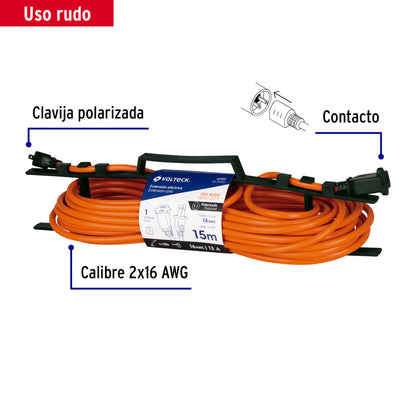 Extensión Eléctrica Uso Rudo 15m 2x16 AWG - Cable Profesional para Desbrozadoras, Motosierras y Sopladoras - ER-15X16S