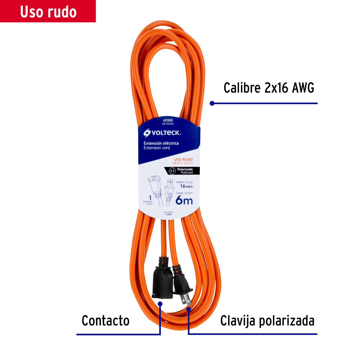 Extensión Eléctrica Uso Rudo 6m Cable 2x16 AWG - Solución Profesional para Desbrozadoras, Motosierras y Sopladoras - ER-6X16S