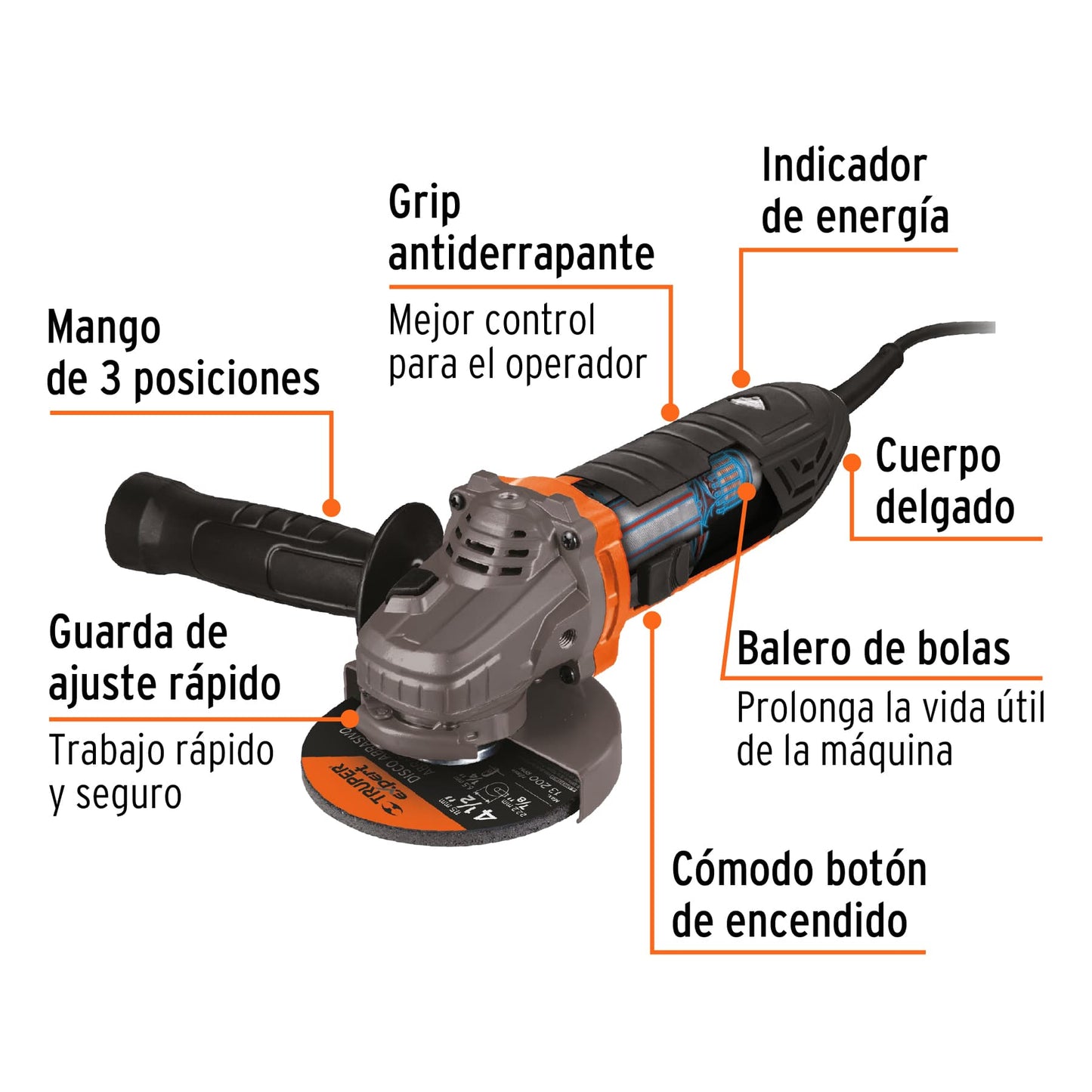 Esmeriladora Angular 4-1/2 Pulgadas 1100W TRUPER ERGO PRO - Motor Balero Bolas Mango Ajustable