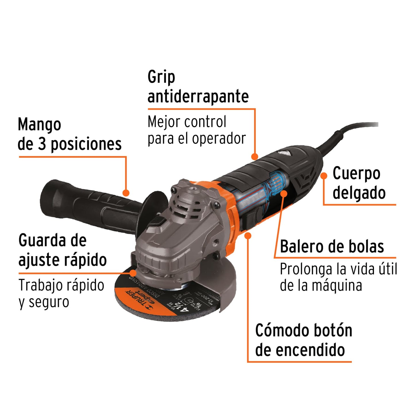 Esmeriladora Angular 4-1/2" 750W TRUPER ERGO PRO ERGO-4570 - Motor Balero Bolas Mango Ajustable